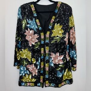 Vintage 80s Floral Sequin Jacket ✨ Handmade Boutique Beaded Statement Blazer